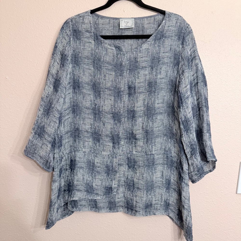 Chalet et Ceci Blue Linen Blend Textured Lagenlook Tunic Top XL HJ33103